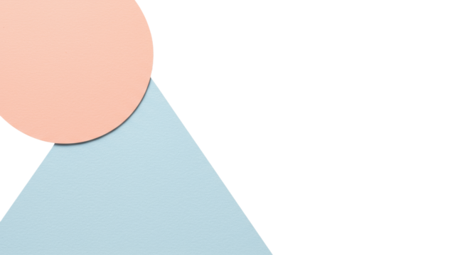 abstract desaturated peach circle overlapping a pale sky blue isosceles triangle on a textured high-key white backdrop, sharp paper detail, maximal copy space. professional graphic template concept