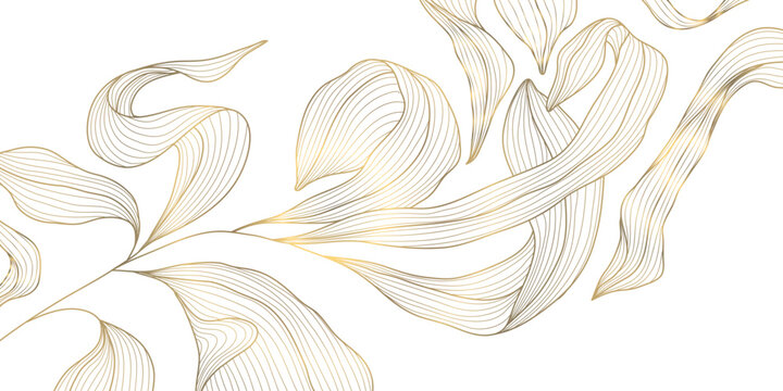 Elegant gold floral pattern background, delicate line leaves, botanical shapes. Luxury vector illustration, tropical elements, vintage art deco curves, premium botanical design