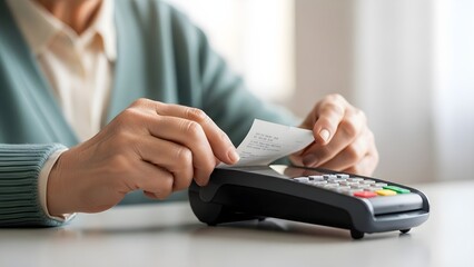 Closeup of a persons hands holding a receipt from a credit card terminal after a transaction.