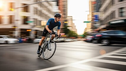 Cyclist speeding through a busy city street corner