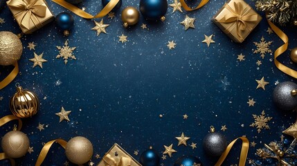 Elegant Christmas Background with Stars, Golden Decorations, Pine Branches, and Festive Blue Holiday Glow