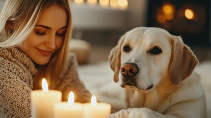 A woman is seen lighting candles in a cozy minimalist home while her loyal dog companion relaxes nearby creating a serene and tranquil atmosphere for a moment of self care and relaxation