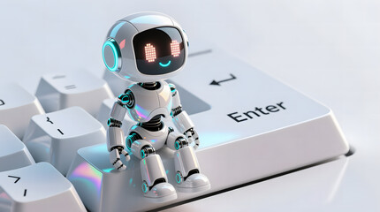 AI Coding and Input, an adorable, futuristic AI robot sitting on a giant white computer key, symbolizing human-machine interaction and the input of digital instructions.