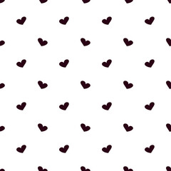 Simple, minimalist seamless vector pattern featuring small, scattered dark heart silhouettes, creating an understated yet romantic textile print or web tile.