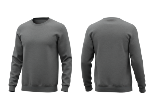 Ultra-detailed deep heather grey cotton crewneck sweatshirt, front and back flat lay isolated on a white background with copy space. Concept for apparel mockup template