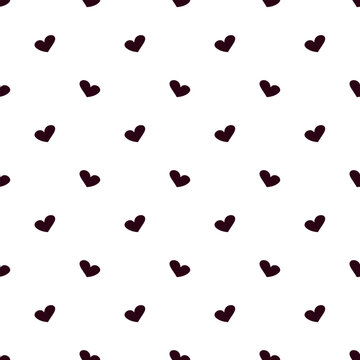 Simple, minimalist seamless vector pattern featuring small, scattered dark heart silhouettes, creating an understated yet romantic textile print or web tile.