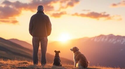 An elderly man and his loyal canine companion stand silhouetted against the magnificent backdrop of a breathtaking sunset