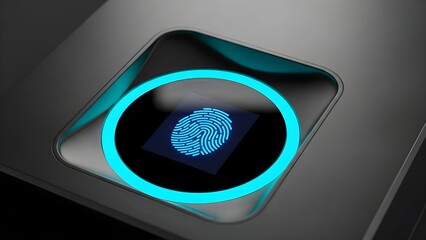 Fingerprint scanner with glowing blue light for biometric identification.