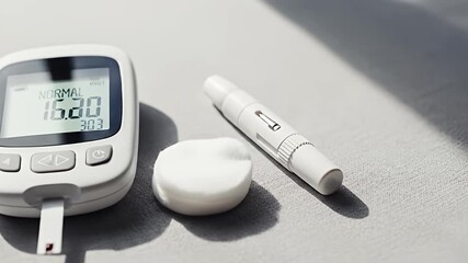 Blood glucose meter and lancet pen for diabetes monitoring.