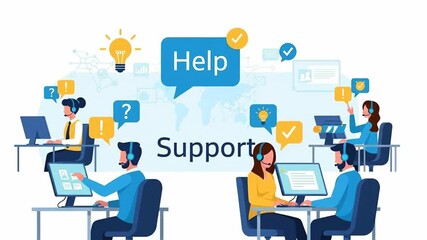 Customer Support Representatives Assisting Clients in Call Center with Headsets and Computers