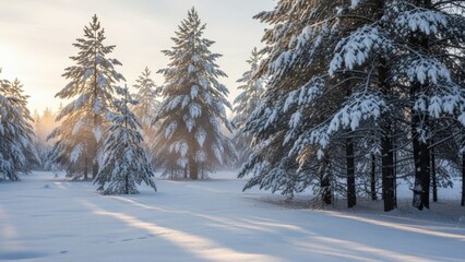 Golden sunlight illuminates a serene snow covered forest