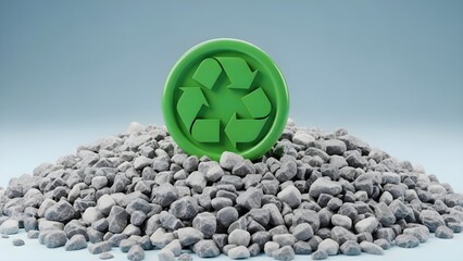 Green Recycle Symbol on Pile of Gray Pellets Representing Sustainable Materials.