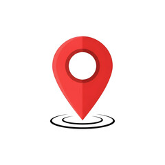 Stylized red map pin icon with a circular center and black target rings featuring a subtle texture