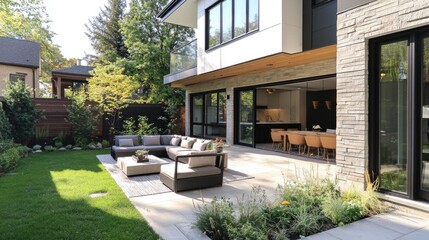 Fototapeta premium Inviting and Peaceful Modern Outdoor Patio Space with Elegant Furniture Lush Greenery and Warm Sunlight Creating a Serene and Relaxing Ambiance for Luxury Living