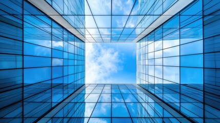 Striking geometric glass facade of a modern skyscraper building set against a bright blue sky showcasing the clean lines symmetry and minimalist architectural design