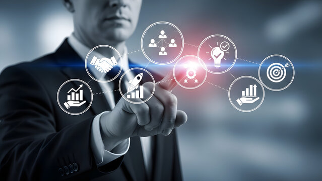 Businessman touching digital social network icons on a futuristic virtual screen