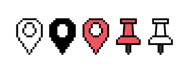 A collection of pixelated location markers and pushpins in outline, solid black, red, and white variations.
