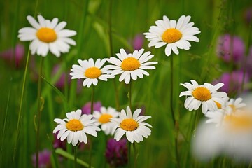 A vibrant and colorful field of wildflowers, featuring an abundance of white daisies with bright yellow centers, interspersed with delicate purple blooms. 