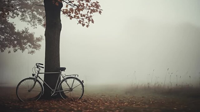 A bicycle rests against a tree in a foggy autumn landscape.