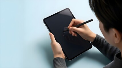 Overhead view of a person using a stylus on a black tablet screen.
