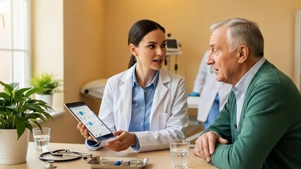 Medical professional explaining health data to senior patient in consultation room - Powered by Adobe