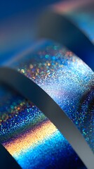Abstract design showing iridescent glitter texture on curving surfaces, forming a sparkling gradient of blues, purples, and golds with vibrant bokeh effects
