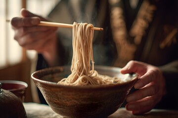 Person enjoying a traditional japanese soba meal, lifting steaming noodles with wooden chopsticks from a rustic bowl, focusing on authentic asian culinary culture and warm comfort food