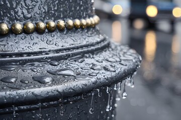 Wet lamppost close-up with water drops dripping, reflecting blurry city lights from passing vehicle on a rainy day, creating a melancholic urban atmosphere