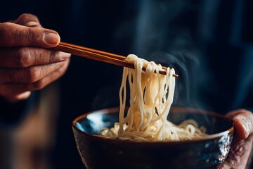 Person lifting ramen noodles from a steaming bowl with chopsticks, enjoying a hot healthy meal of traditional asian cuisine, illustrating comfort food and a quick lunch