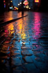 Wet cobblestone street reflecting colorful neon city lights at night, creating vibrant urban abstract background from rain reflecting illuminated cityscape