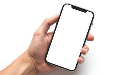 Hand holding a modern smartphone with a blank white screen, isolated on white