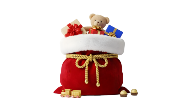 Overflowing Santa's Sack: A Festive Bounty of Gifts and Delights Awaits Beneath a Snowy White Brim, Ready to Bring Joy and Holiday Cheer