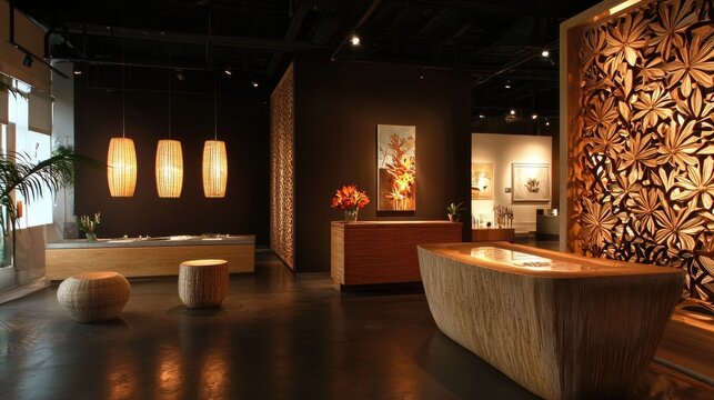 Captivating modern art gallery featuring warm lighting contemporary art installations and a sophisticated minimalist interior design  This exclusive and elegant space offers a cultural and experience