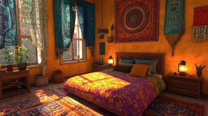 Cozy and inviting modern bedroom with a warm calming color palette and stylish decor elements like patterned textiles natural materials and eclectic artwork creating a serene and harmonious ambiance