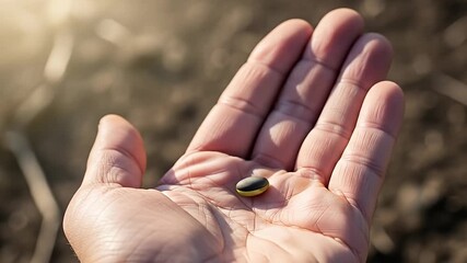 A person holding a small seed in their palm, ready for planting.
