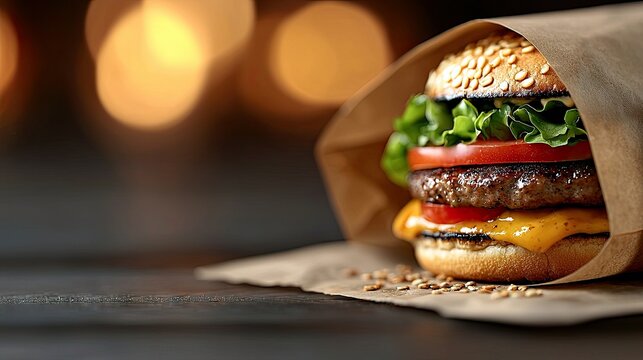 Close-up shot of a double burger with sesame seed bun, lettuce, tomato, and cheese, wrapped in brown paper, with a blurred bokeh background.