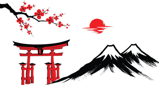 Traditional japanese art style depicting a red torii gate cherry blossoms mount fuji and a rising sun