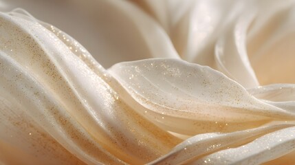 Cream textured fabric with sparkling gold confetti creating a luxurious abstract background, showing elegance, softness, and flowing movement