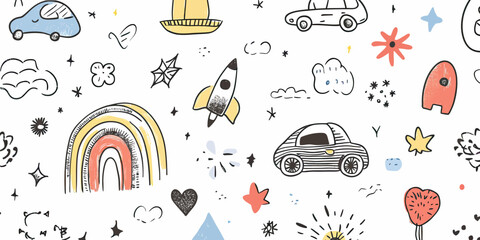 Hand drawn cute kids doodle icons with colorful rainbow, toy cars, rockets, stars, clouds, and floral elements in sketch style vector illustration background