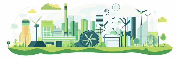 Sustainable green energy industry landscape with wind turbines solar panels factory buildings environmental technology minimal flat vector illustration