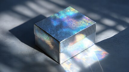 Holographic gift box reflecting colorful spectrum light on a textured silver surface, creating dynamic shadows, symbolizing surprise, luxury, and festive celebration