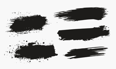 Fototapeta premium Set of six black ink brush strokes and splatters with grunge texture on white background, vector design elements for creative projects and backgrounds