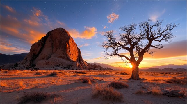 A lone tree silhouetted against a vibrant sunset over a desert landscape, with a large rock formation in the background.