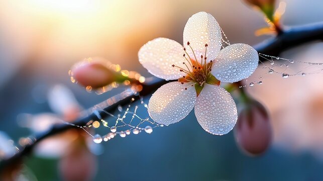 Close-up of a white cherry blossom flower covered in water droplets, with a spider web and soft, blurred background.