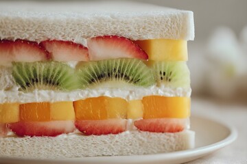 Japanese fruit sando filling a sandwich with fresh strawberries, kiwi, and mango slices, layered with sweet cream on soft white bread, presenting a popular sweet snack and dessert