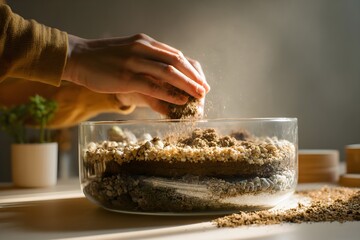 Hands adding soil layers to a glass terrarium bowl, creating an indoor mini garden, demonstrating a diy hobby of planting succulents and small plants at home
