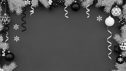 Festive Black and White Christmas Border with Ornaments and Snowflakes