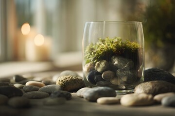 Glass terrarium showcasing green moss and smooth pebbles, forming a minimalist natural ecosystem providing a sense of calm, tranquility, and environmental connection