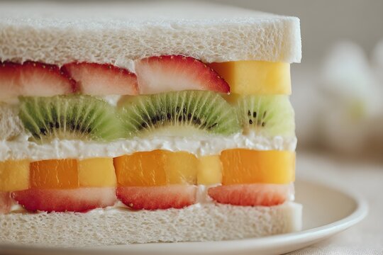 Japanese fruit sando filling a sandwich with fresh strawberries, kiwi, and mango slices, layered with sweet cream on soft white bread, presenting a popular sweet snack and dessert