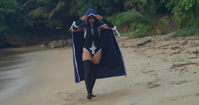 A light-skinned cosplayer relaxing by the turquoise waters of the Caribbean, enjoying the tropical breeze in her outfit.